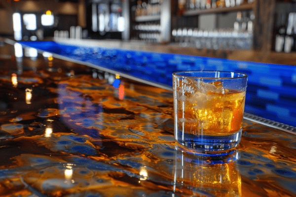 Glass of whiskey on the rocks sitting on a bar top