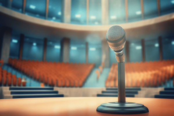Microphone sitting on table in lecture hall
