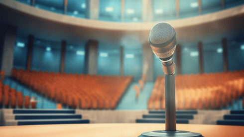 Microphone sitting on table in lecture hall