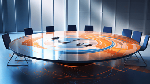 A round table in a board room with chairs on one side