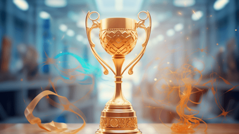 A trophy sitting on a table in front of a blurry room