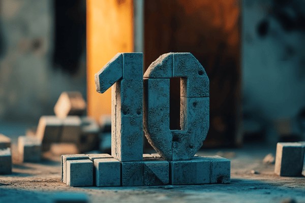 The number 10 formed out of grey blocks