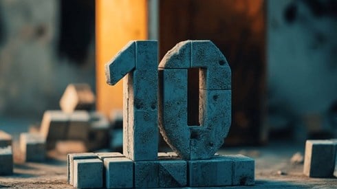 The number 10 formed out of grey blocks