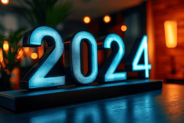 The number 2024 lit up on a tabletop