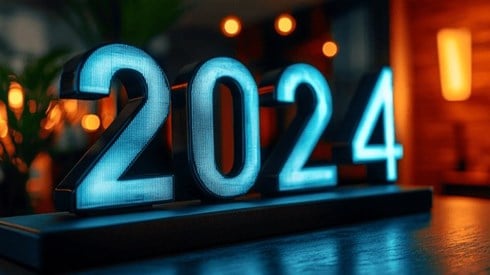The number 2024 lit up on a tabletop