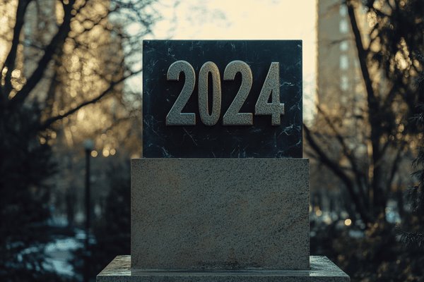 The number 2024 on a concrete pedestal in a city park