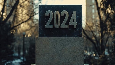 The number 2024 on a concrete pedestal in a city park