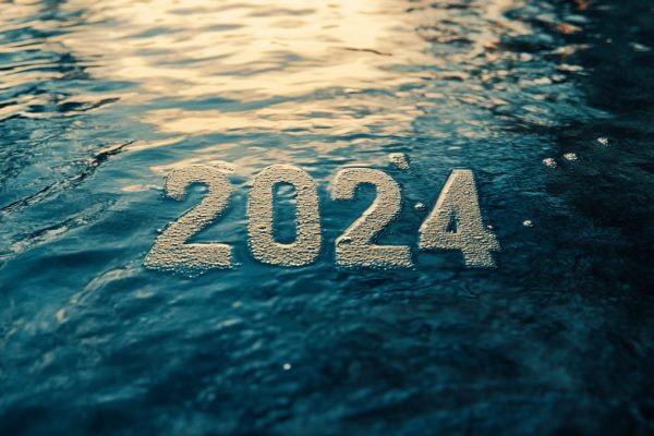 The number 2024 floating in calm water