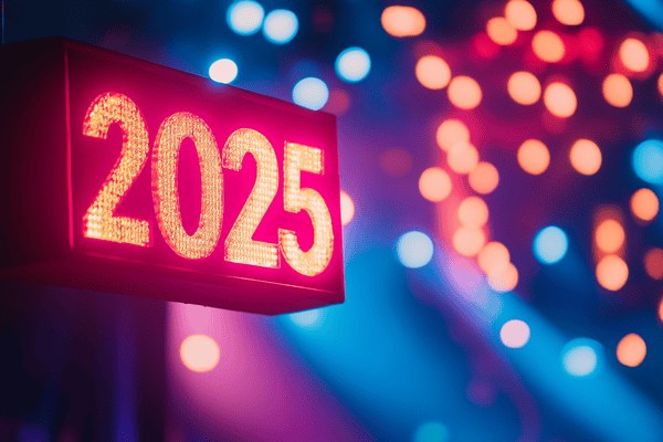 The number "2025" written in lights with out-of-focus bright lights in the background