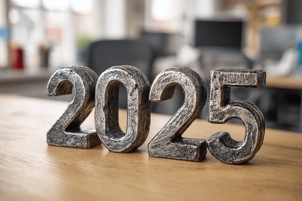 The number 2025 made out of metal on top of an office desk