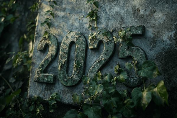 The number 2025 on a concrete wall with ivy growing around it