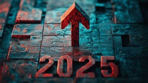 "2025" in red with a red arrow pointing up above it