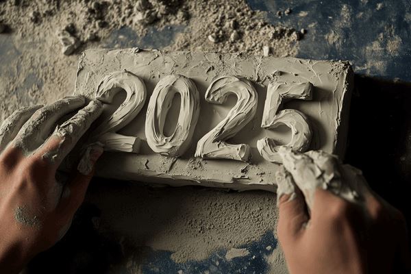 A pair of hands sculpting the numbers 2025 out of clay