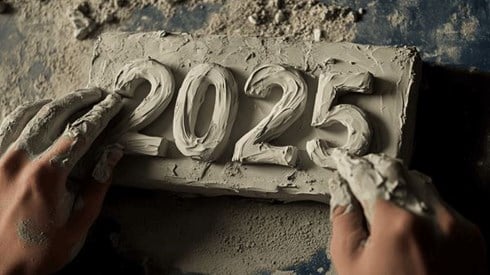 A pair of hands sculpting the numbers 2025 out of clay