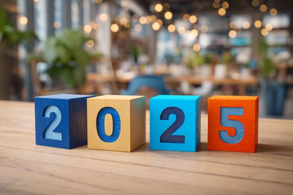 "2025" in blue and orange building blocks on a desk in an office