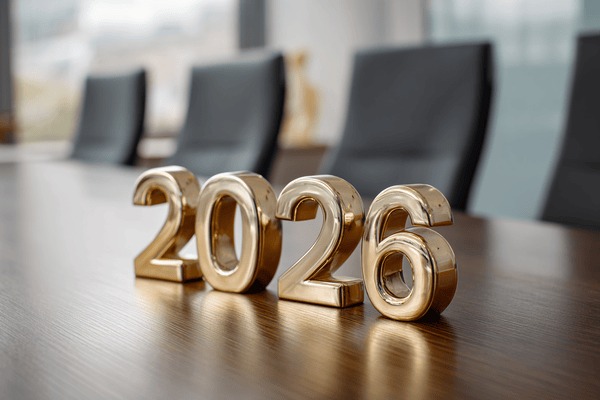 The number 2026 made out of metal on top of a wooden conference table