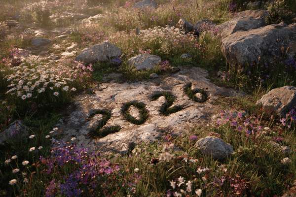 The number “2026” etched into a stone on the ground that is surrounded by wildflowers growing in a meadow