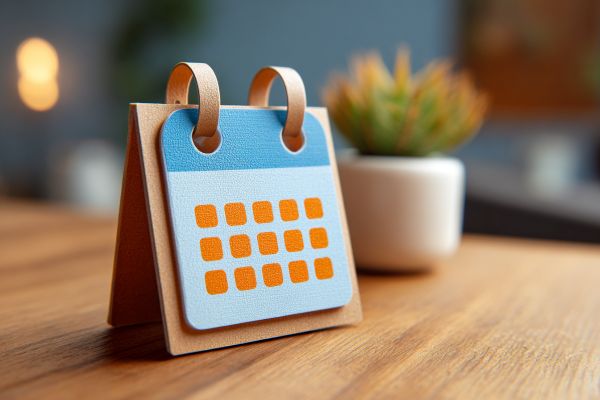 calendar icon standing on a desk in front of a plant