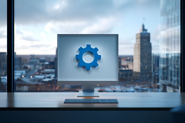 3D gear icon on a desktop monitor overlooking hartford, connecticut