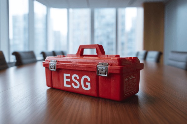 A red toolbox with the letters "ESG" on a wooden conference table