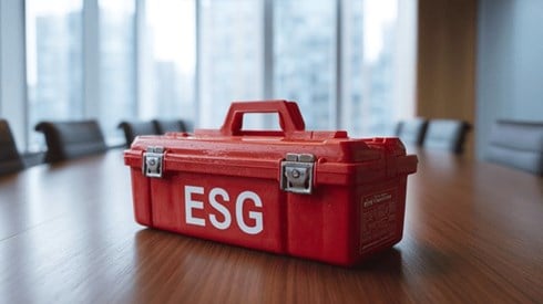 A red toolbox with the letters "ESG" on a wooden conference table