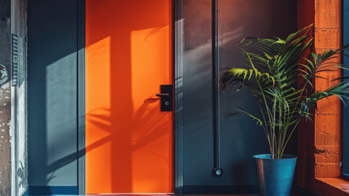 View of a closed orange office door from the hallway