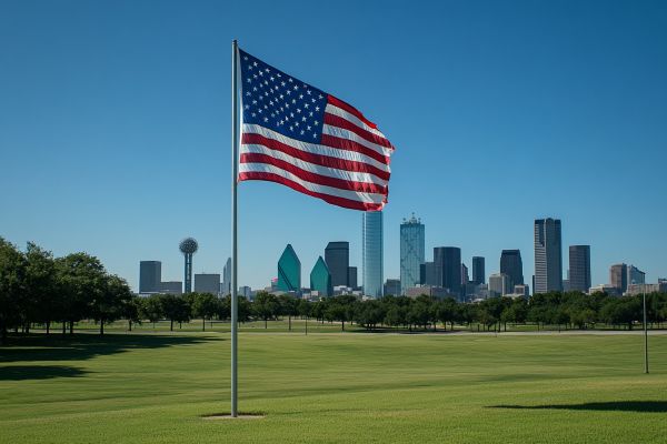 American flag flying in a field in front of the Dallas Texas skyline