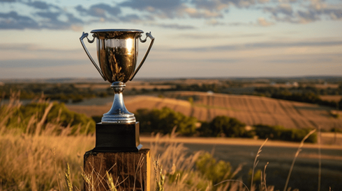 A trophy in a filed surrounded by farmland