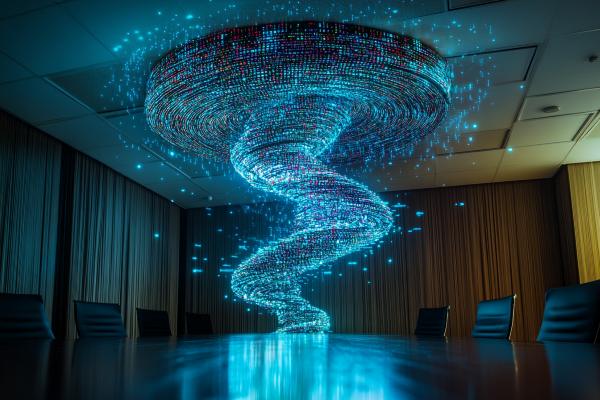 binary code tornado on top of a conference table
