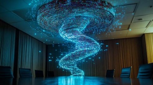 binary code tornado on top of a conference table