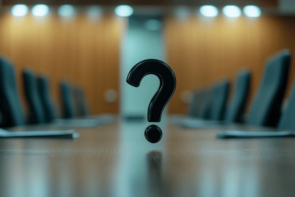 A black question mark hovering over a conference table surrounded by empty chairs