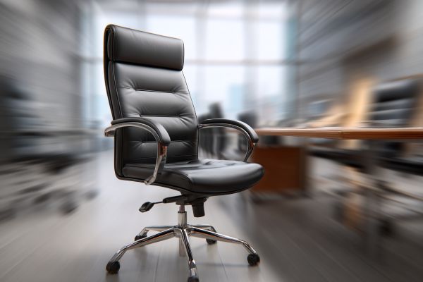 black leather executive chair in a modern office with the background motion-blurred behind it
