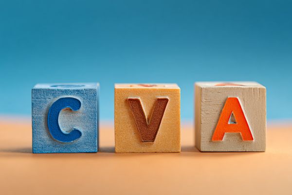 blue and orange building blocks with C, V, and A letters in front of a blue background
