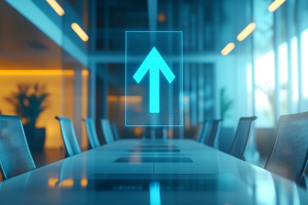blue arrow pointing up hovering over a conference table and chairs