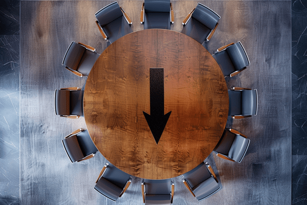 Top view of a wooden circular boardroom table surrounded by chairs with a black arrow pointing down