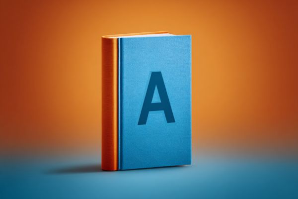 standing blue book with a large A on the cover on a blue and orange background