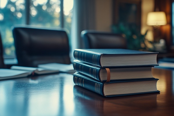 A stack of three books on top of a conference table
