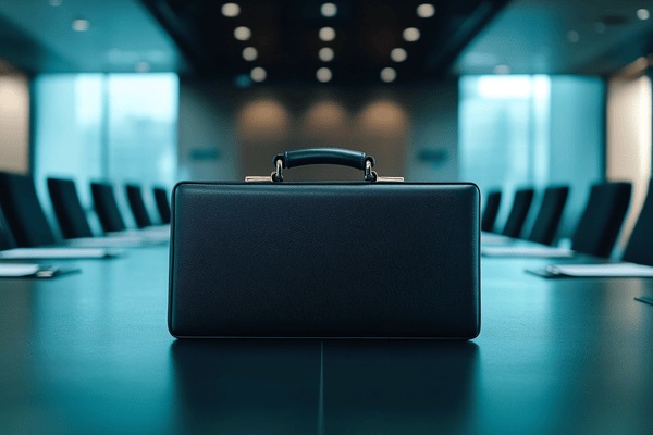 A black briefcase on top of a conference table