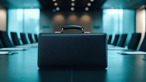 A black briefcase on top of a conference table
