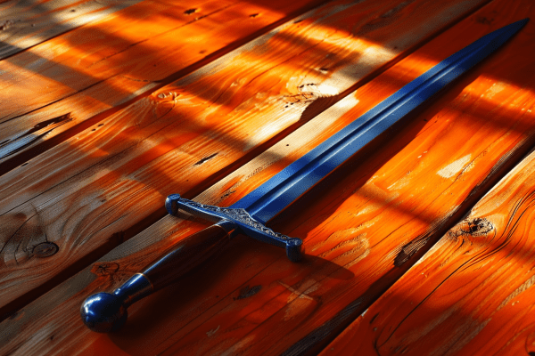 A double-edged broadsword rests on a wooden floor