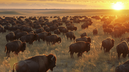 Herd of buffalo at sunset