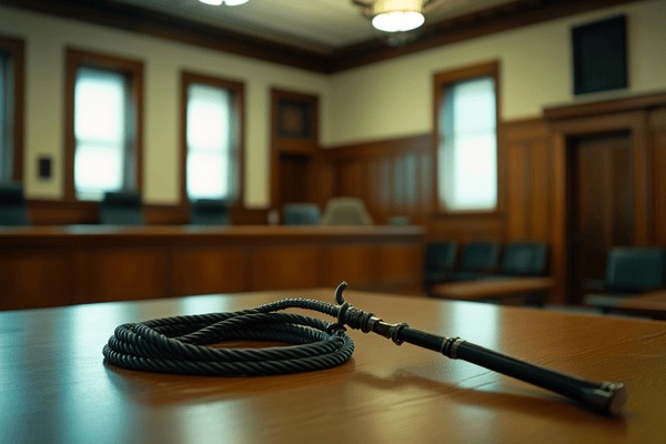 A leather bullwhip on a table in a courtroom