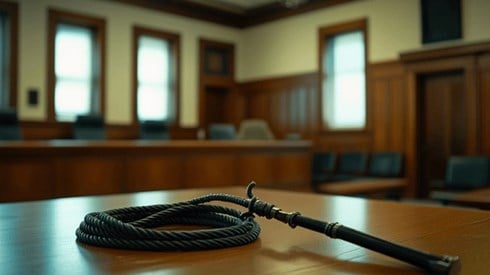 A leather bullwhip on a table in a courtroom