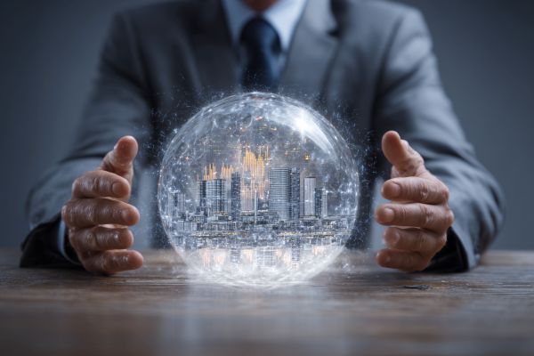 businessman hands on either side of a growing bubble containing commercial buildings and data