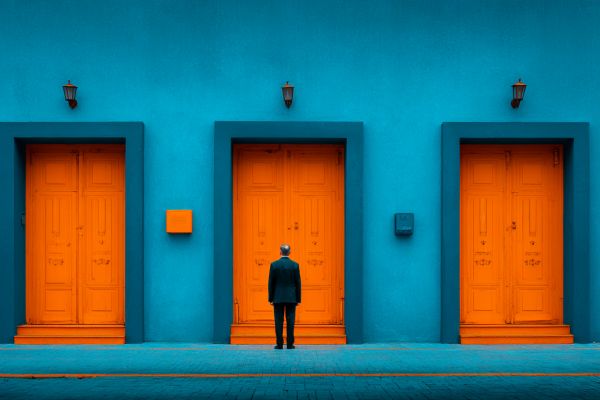 a businessman choosing between three orange doors in a blue wall