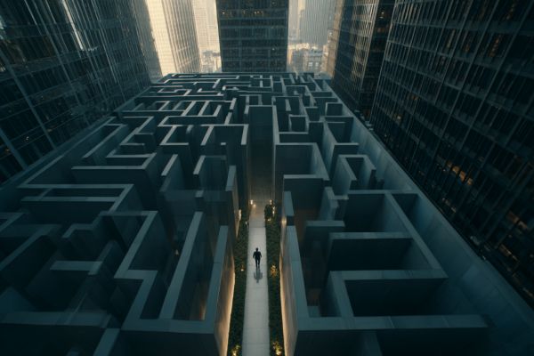 tiny businessperson standing in a large concrete maze in the middle of tall office buildings
