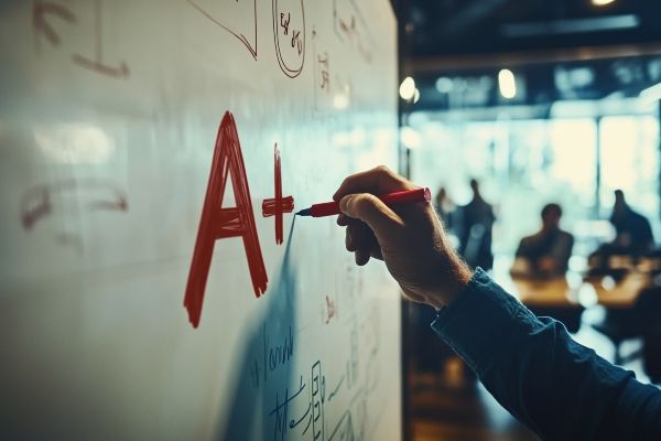 businessperson writing "A+" on a whiteboard