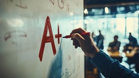 businessperson writing "A+" on a whiteboard