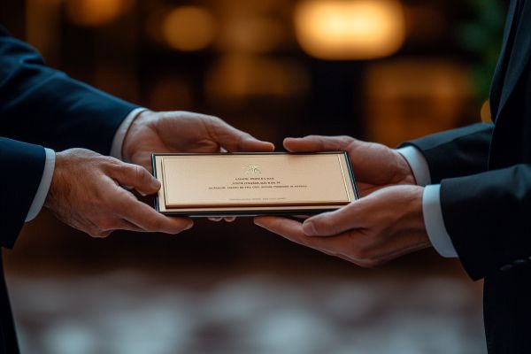 one businessperson's hands handing an award plaque to another