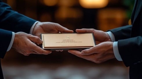 one businessperson's hands handing an award plaque to another